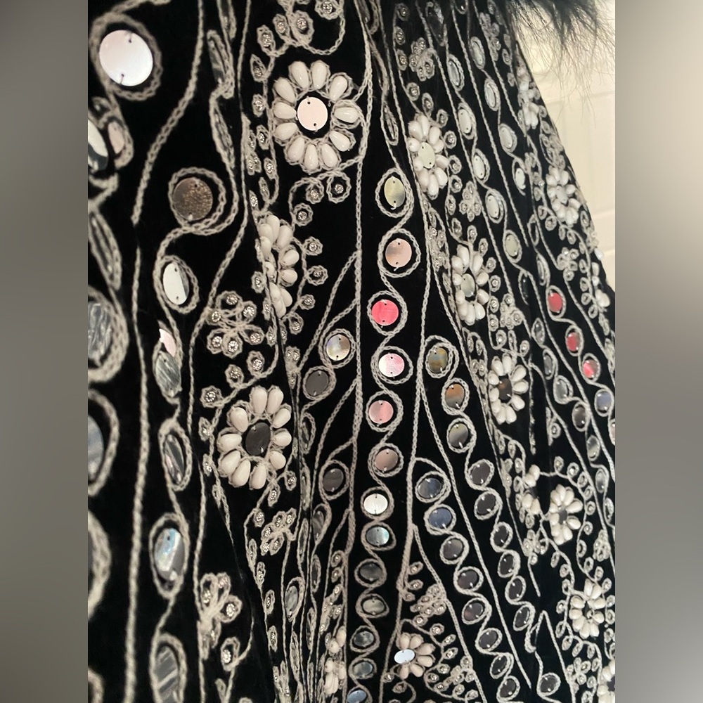 Talisman Embellished Coachella Boho Coat w/ Faux Fur Trim, Size Extra Large - Picture 10 of 10